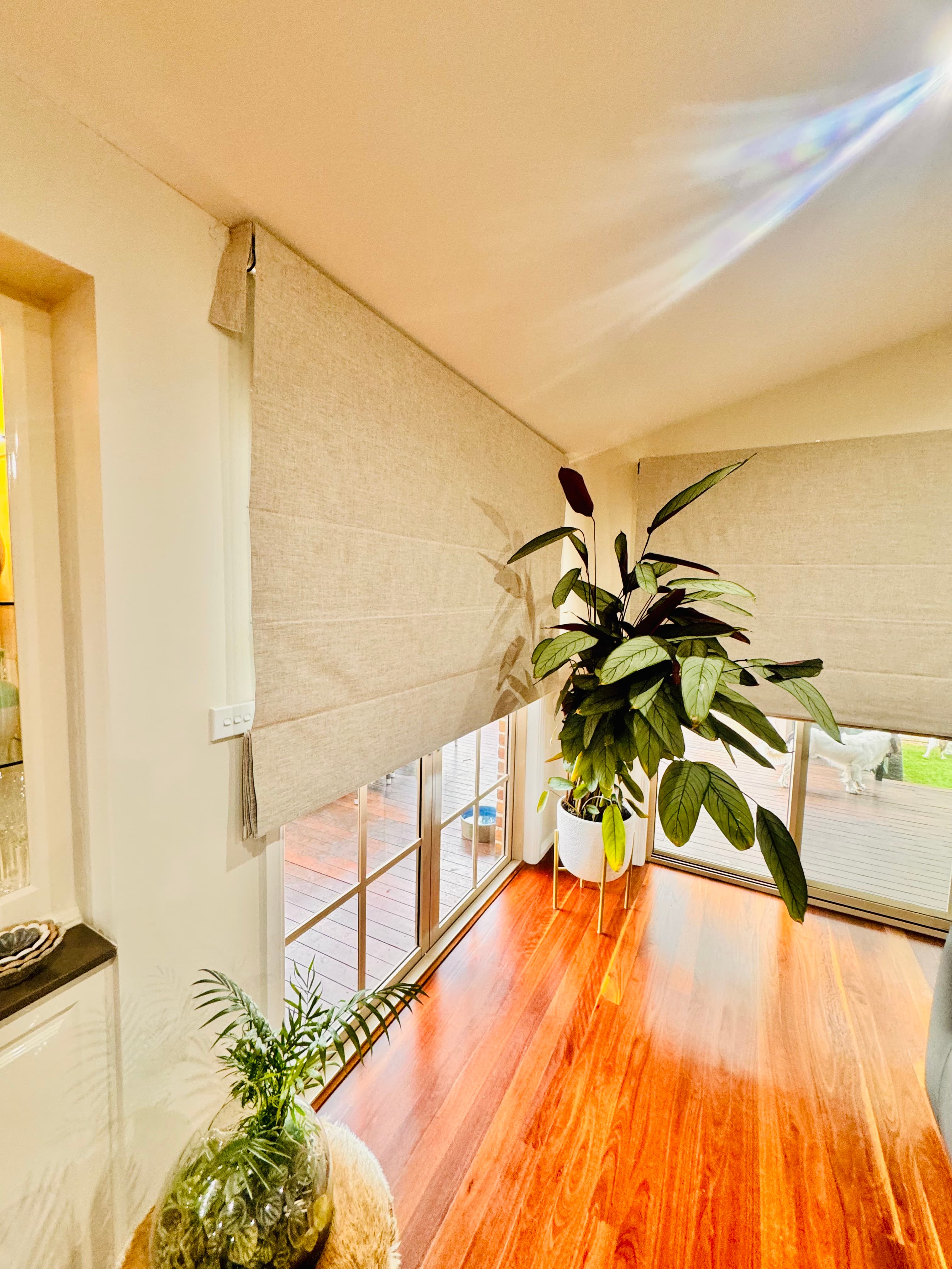 Natural Linen Automated Roman Blinds in Pemulwuy, Sydney